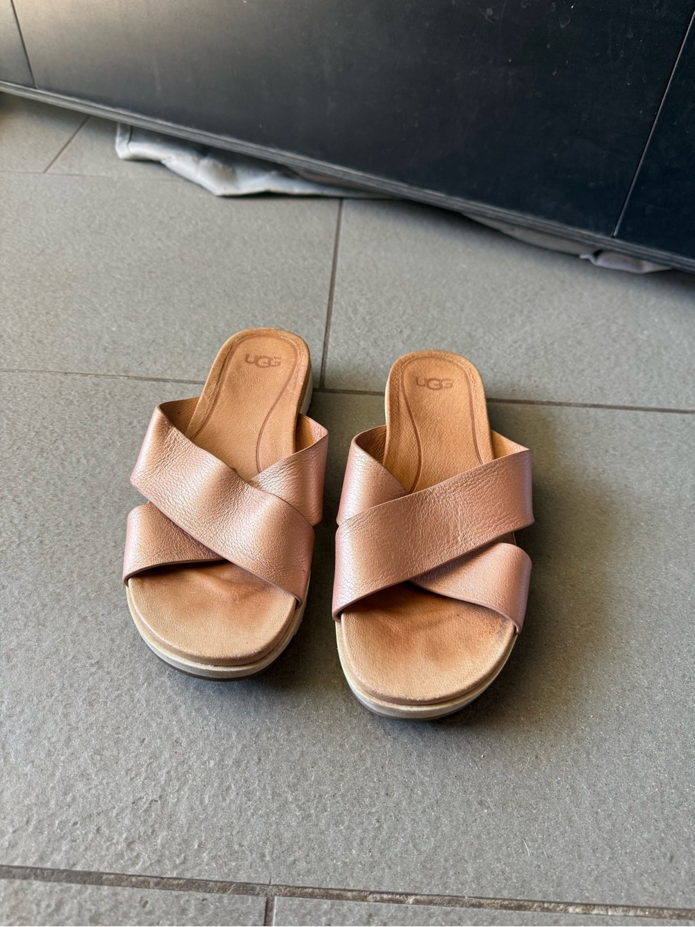 UGG Kari Rose Gold Metallic Leather Crisscross Slide Sandals Womenโs 7.5